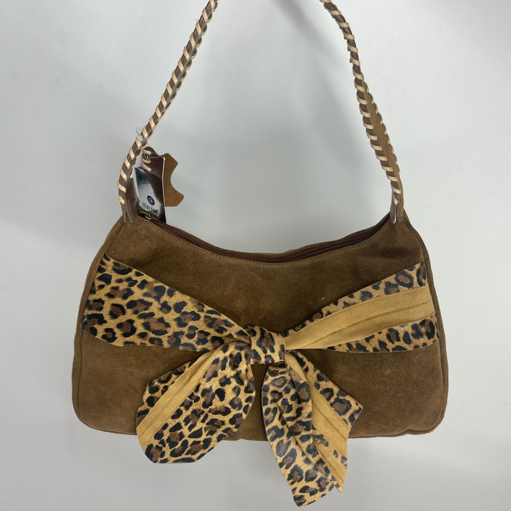 Gilda Tonelli Suede Lether Leopard Bow Tan Boho Shoulder Bag NWT Made In Italy